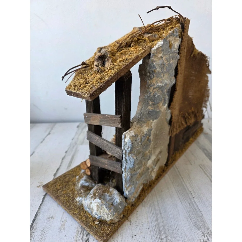 Stone wooden Nativity manger creche religious figurine display Xmas‎